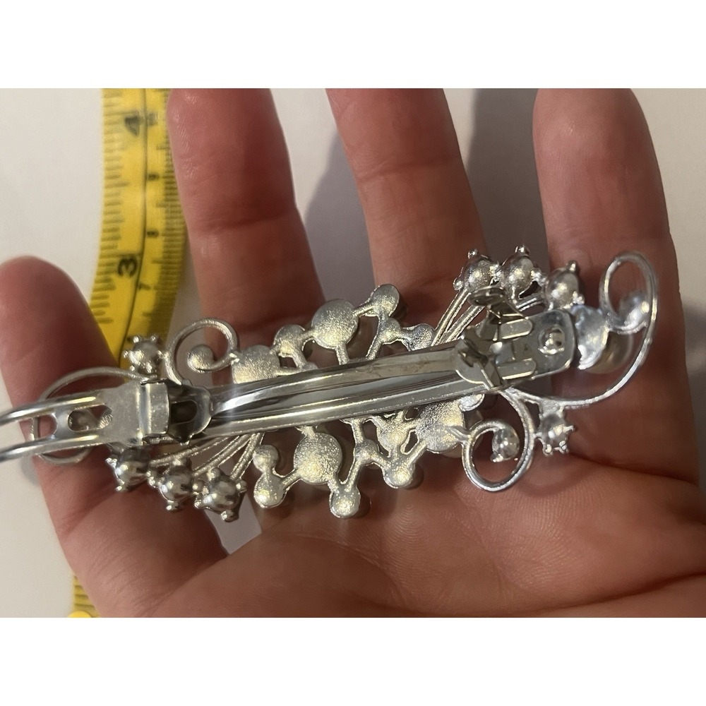 Vintage Simulated Pearl Clear Rhinestone Ornate Silver Tone Hair Barrette - Picture 5 of 9